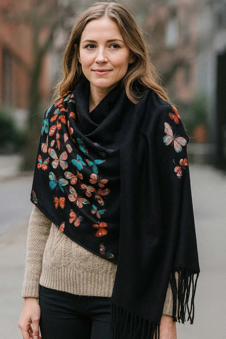 Butterfly Print 100% Cashmere Wrap Scarf with Fringe