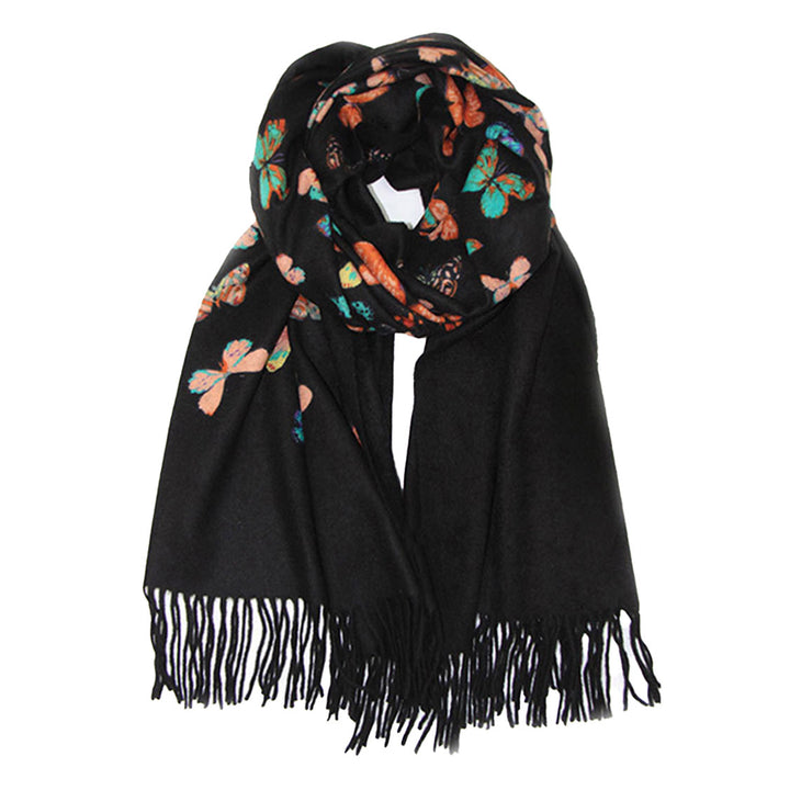Butterfly Print 100% Cashmere Wrap Scarf with Fringe