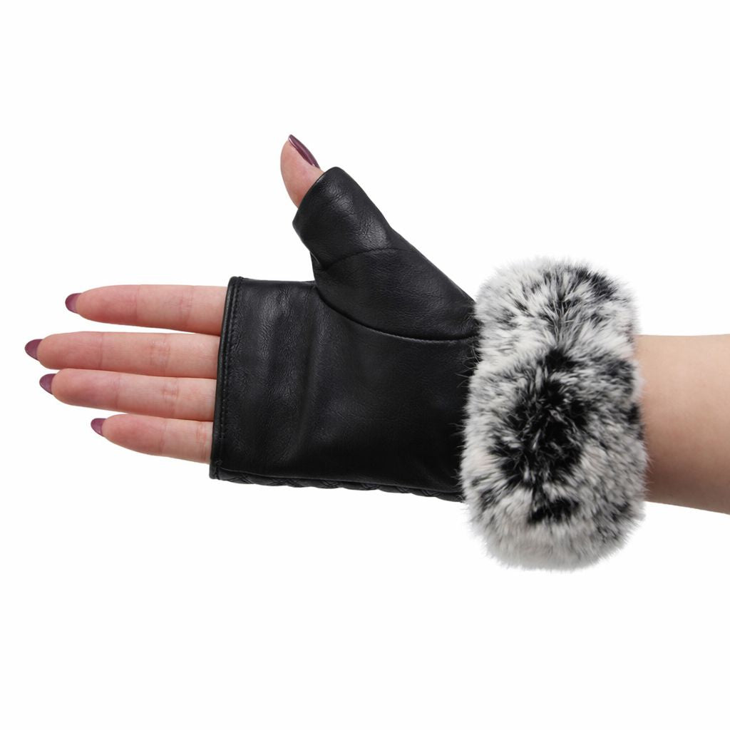 Women's Fingerless Sheepskin Leather Rabbit Fur Gloves Luxury Winter Leather Hand Mittens Warmers