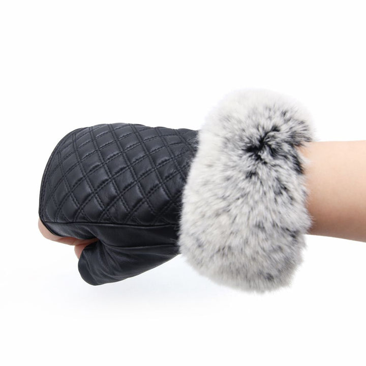 Women's Fingerless Sheepskin Leather Rabbit Fur Gloves Luxury Winter Leather Hand Mittens Warmers