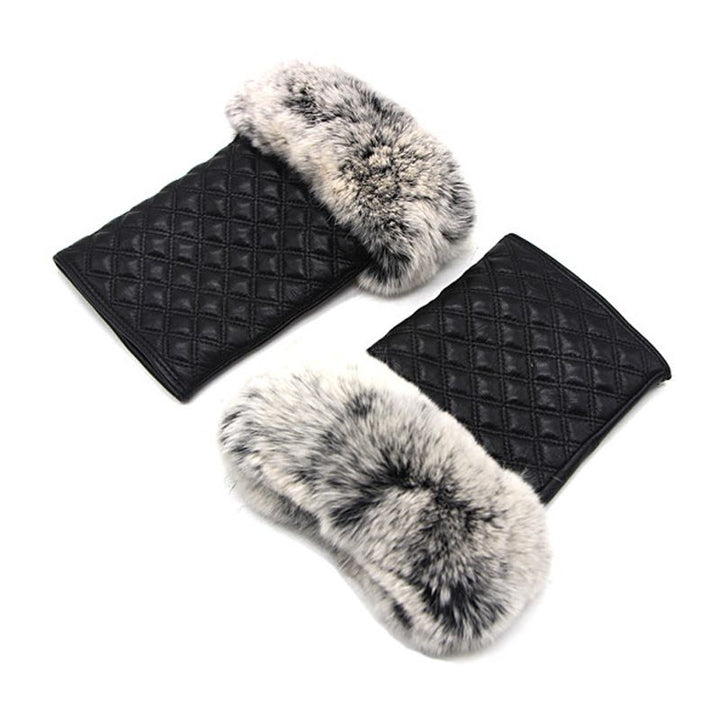 Women's Fingerless Sheepskin Leather Rabbit Fur Gloves Luxury Winter Leather Hand Mittens Warmers