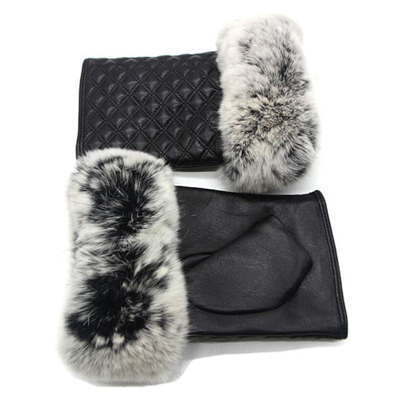 Women's Fingerless Sheepskin Leather Rabbit Fur Gloves Luxury Winter Leather Hand Mittens Warmers