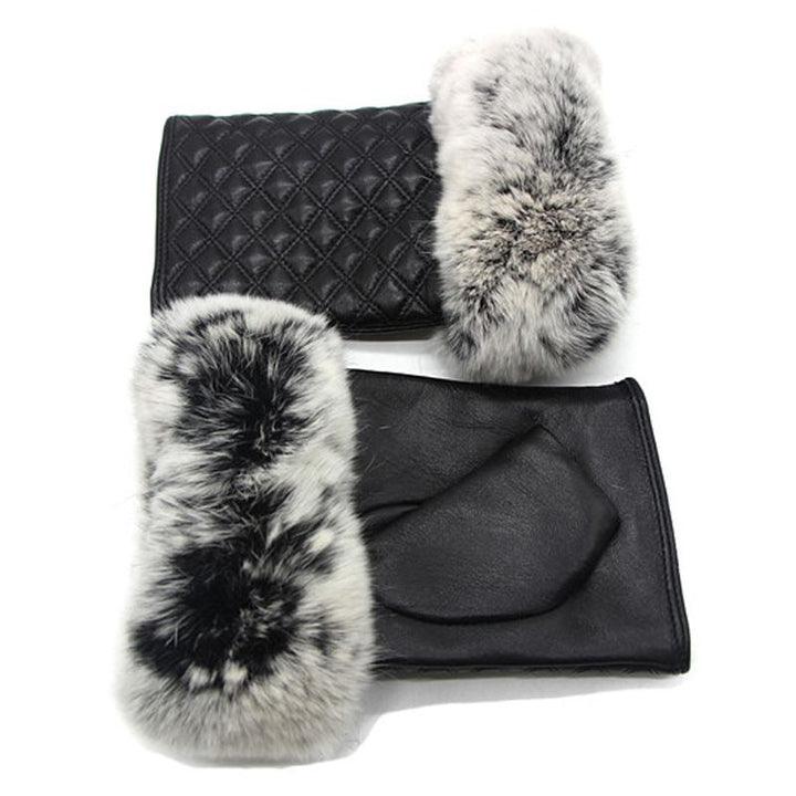 Women's Fingerless Sheepskin Leather Rabbit Fur Gloves Luxury Winter Leather Hand Mittens Warmers