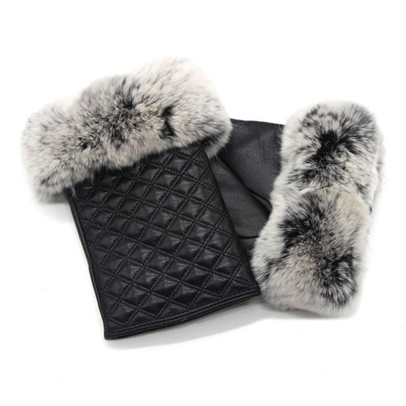 Women's Fingerless Sheepskin Leather Rabbit Fur Gloves Luxury Winter Leather Hand Mittens Warmers