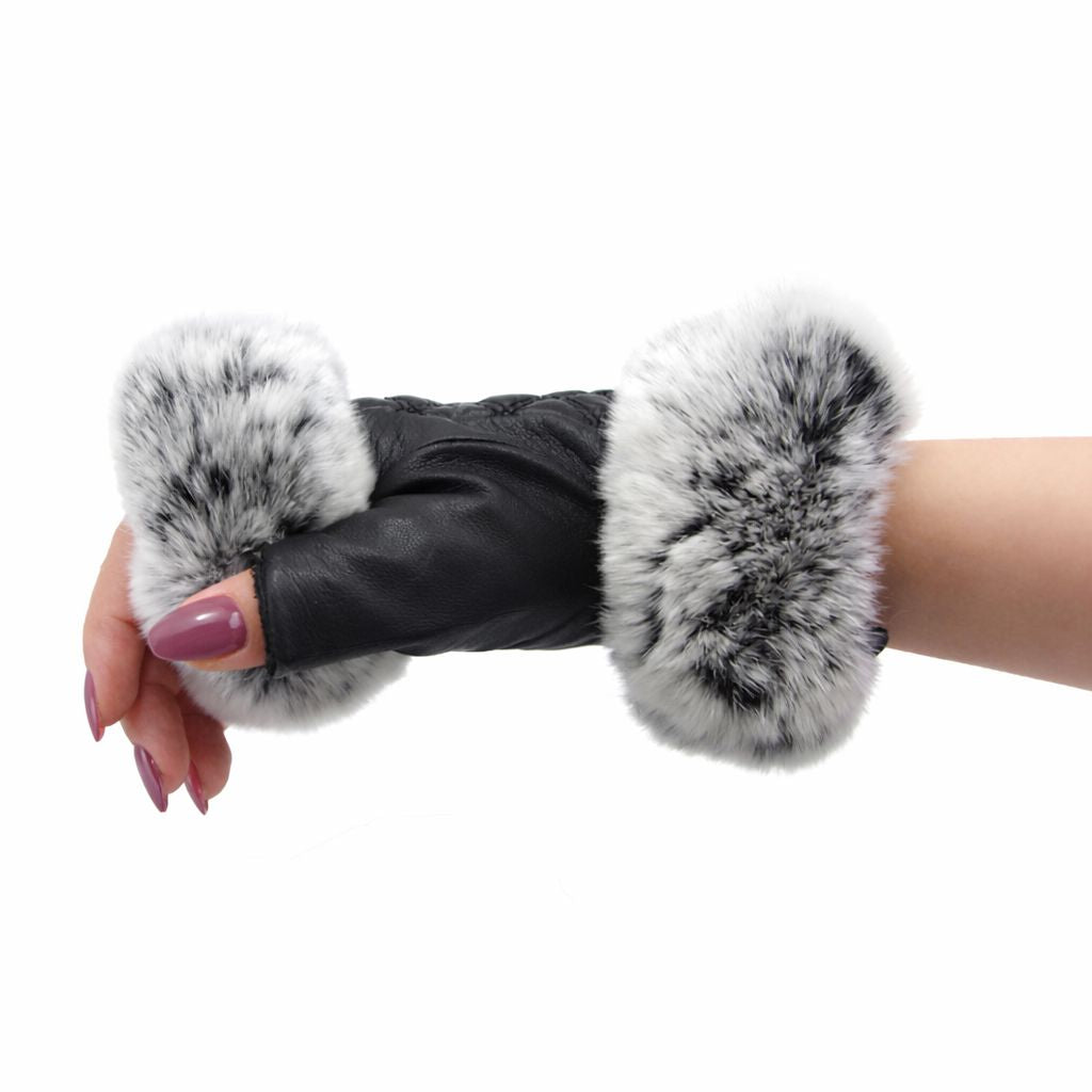 Women's Fingerless Sheepskin Leather Rabbit Fur Gloves Luxury Winter Leather Hand Mittens Warmers