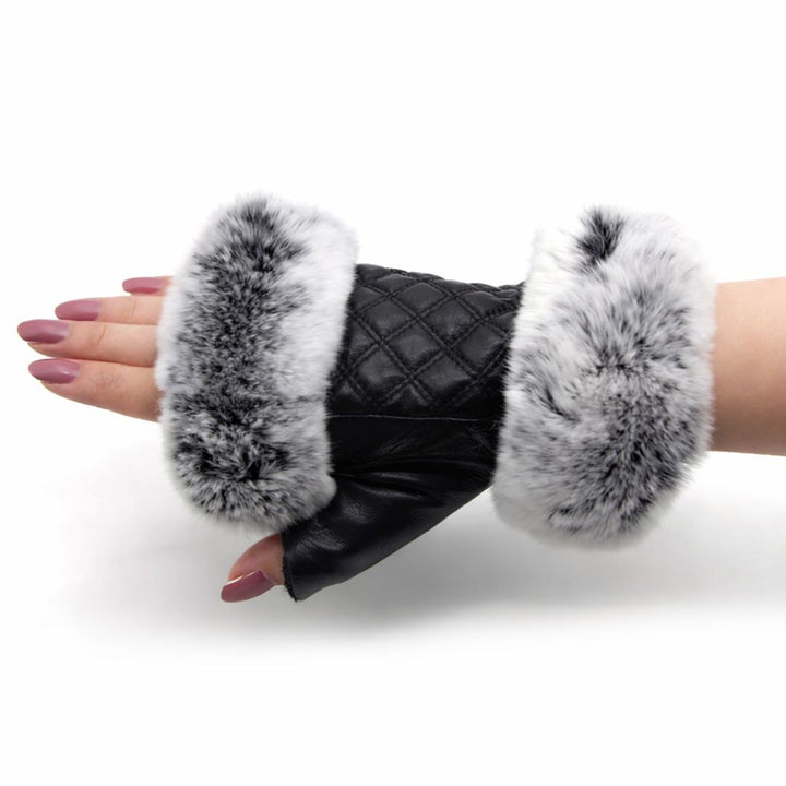 Women's Fingerless Sheepskin Leather Rabbit Fur Gloves Luxury Winter Leather Hand Mittens Warmers