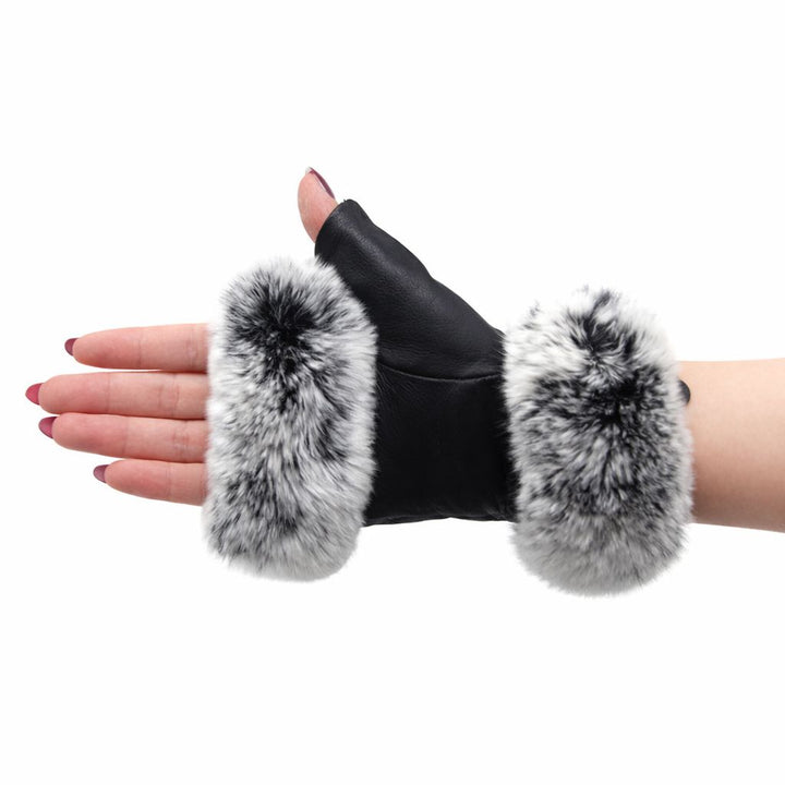 Women's Fingerless Sheepskin Leather Rabbit Fur Gloves Luxury Winter Leather Hand Mittens Warmers