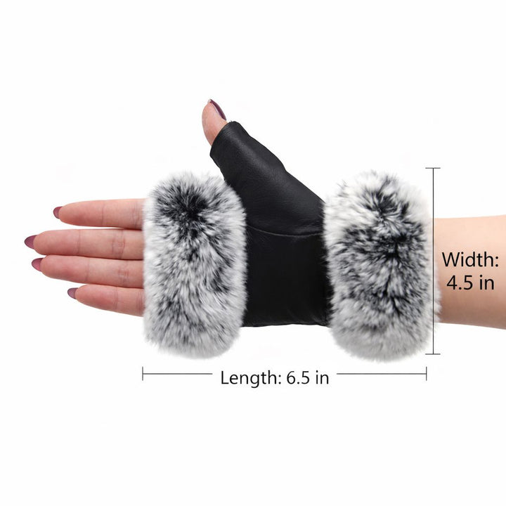 Women's Fingerless Sheepskin Leather Rabbit Fur Gloves Luxury Winter Leather Hand Mittens Warmers