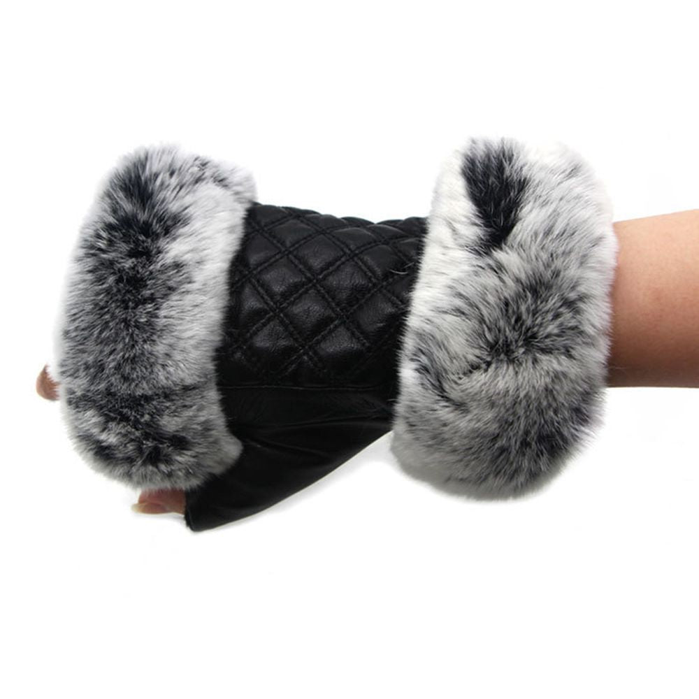 Women's Fingerless Sheepskin Leather Rabbit Fur Gloves Luxury Winter Leather Hand Mittens Warmers