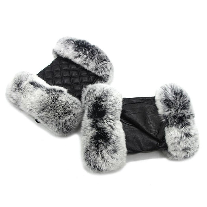Women's Fingerless Sheepskin Leather Rabbit Fur Gloves Luxury Winter Leather Hand Mittens Warmers