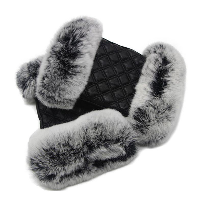 Women's Fingerless Sheepskin Leather Rabbit Fur Gloves Luxury Winter Leather Hand Mittens Warmers