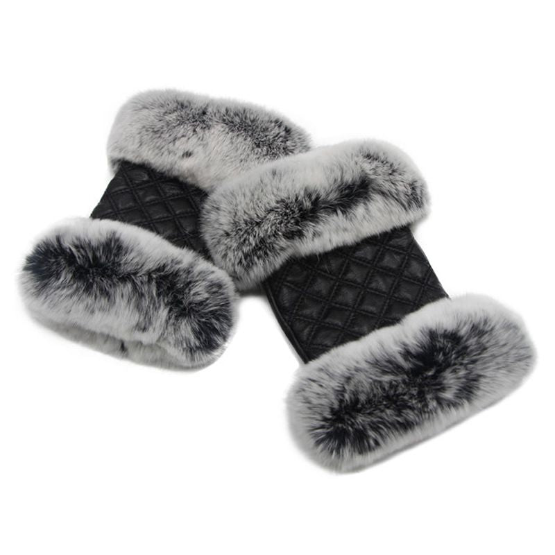 Women's Fingerless Sheepskin Leather Rabbit Fur Gloves Luxury Winter Leather Hand Mittens Warmers