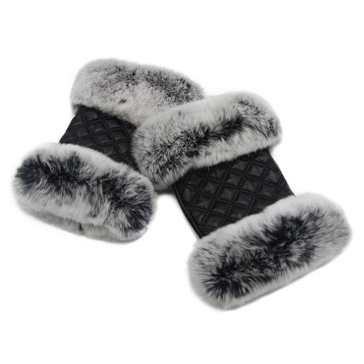 Women's Fingerless Sheepskin Leather Rabbit Fur Gloves Luxury Winter Leather Hand Mittens Warmers