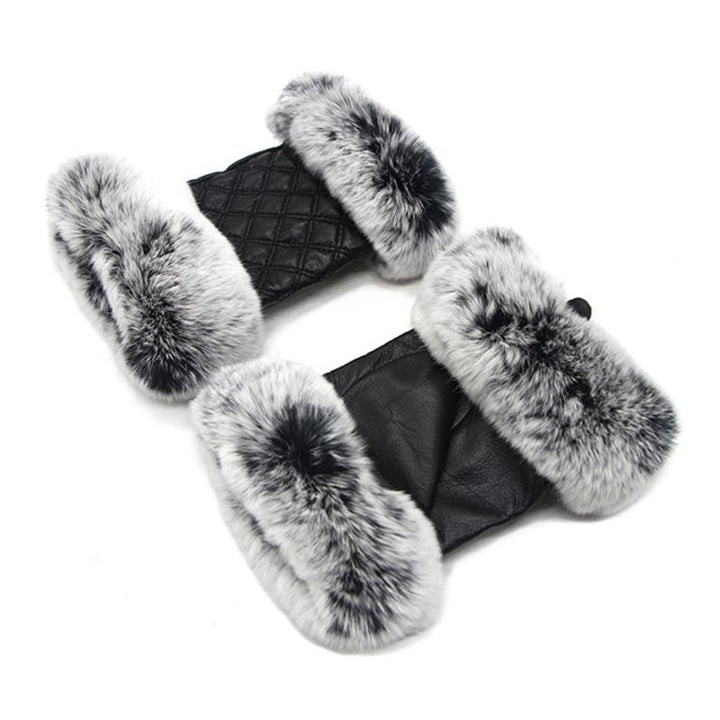 Women's Fingerless Sheepskin Leather Rabbit Fur Gloves Luxury Winter Leather Hand Mittens Warmers