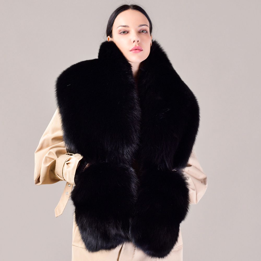 Women's Oversized Real Fox Fur Shawl Wrap Large Fur Collar Scarf with Pocket for Parties and Wedding