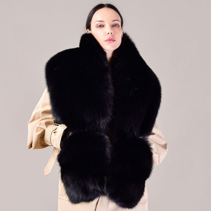 Women's Oversized Real Fox Fur Shawl Wrap Large Fur Collar Scarf with Pocket for Parties and Wedding