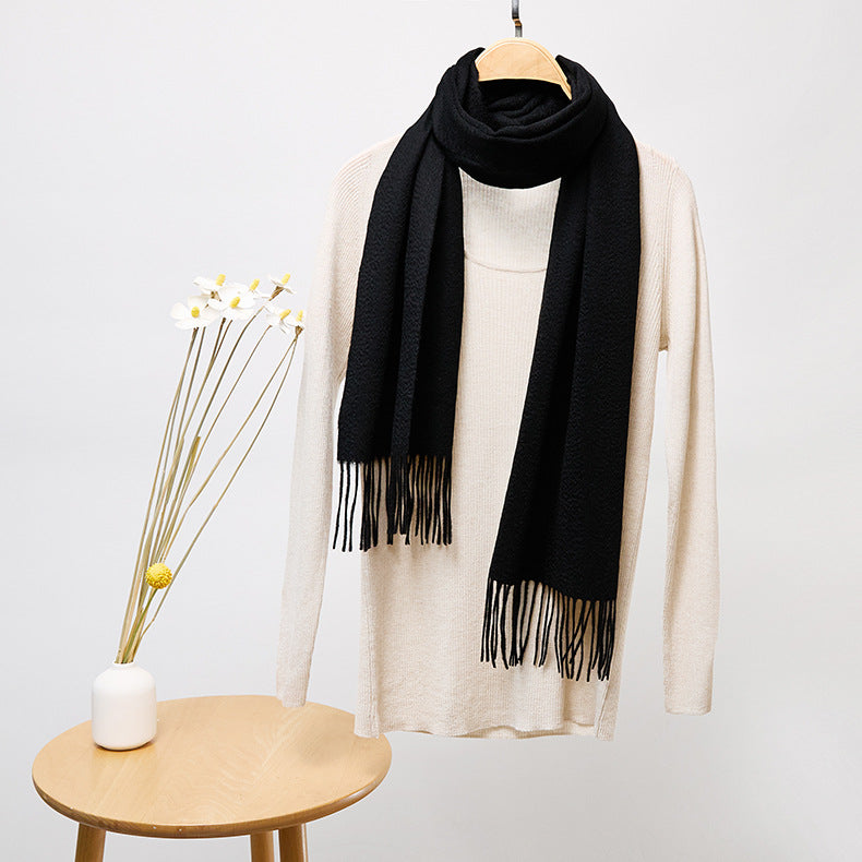 Basic Solid Color Long Cashmere Scarf with Tassels