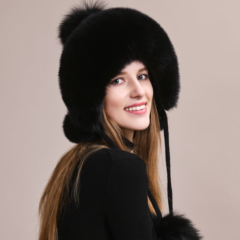 Luxury Real Fox Fur Pom Pom Hat Women Winter Knitted Trapper Hat with Full Fur Trim