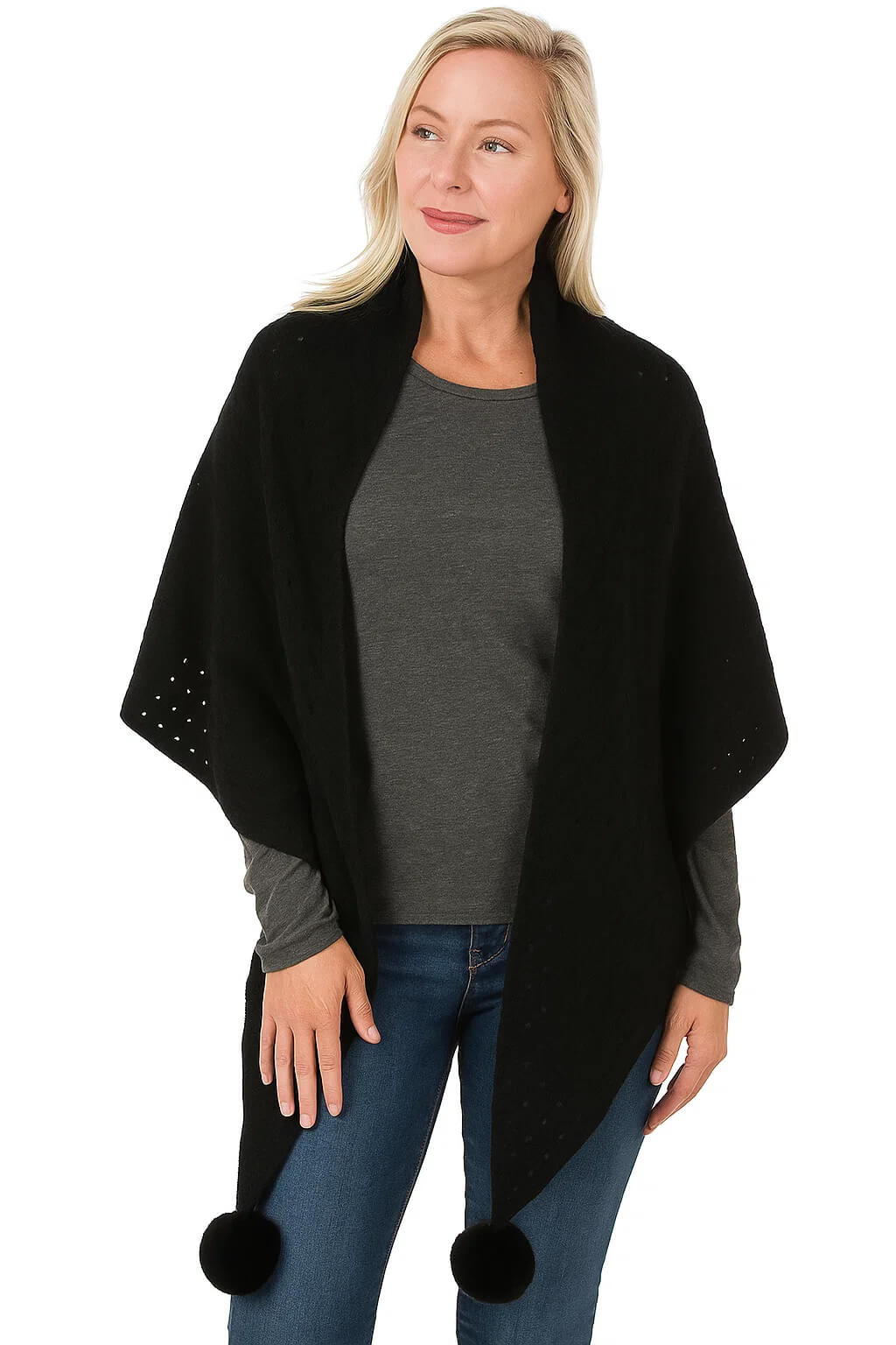 100% Pure Cashmere Pom-Pom Long Triangle Scarf Wrap