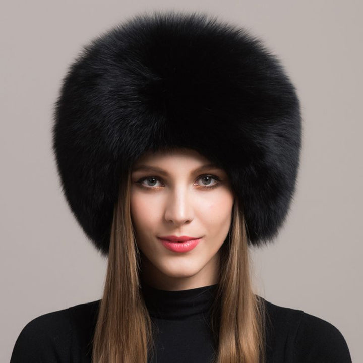 Women's Winter Fox Fur Roller Hat Sheepskin Pom Pom Fur Round Hat