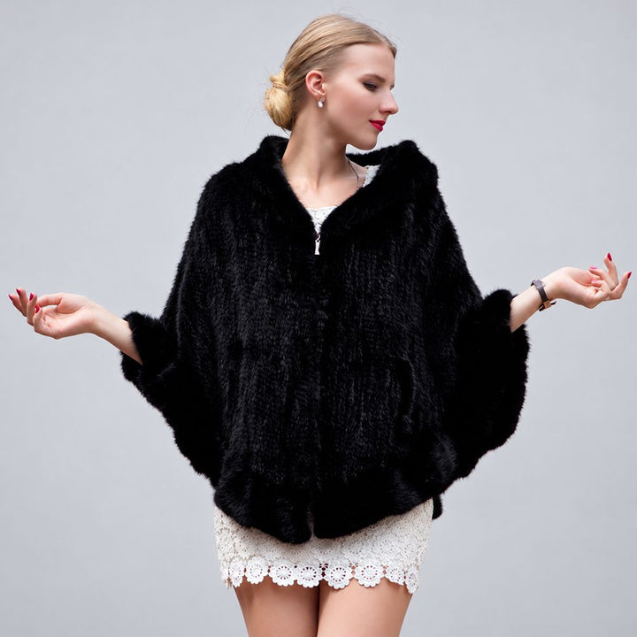 Genuine Mink Fur Zip Front Poncho with Hood Oversized Fur Cape Shawl Wrap