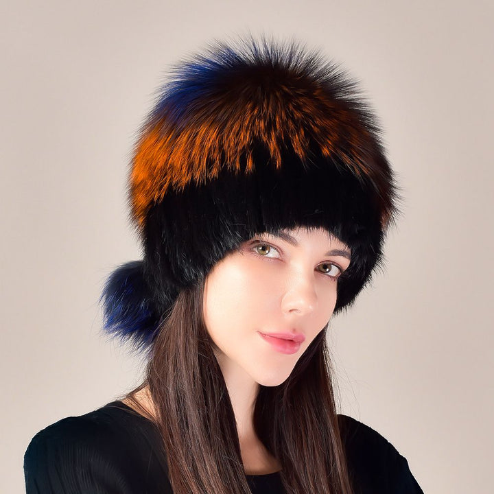 Mink Fur Knitted Winter Hat for Women with Multi-Colored Fluffy Fox Fur Crown and Pom-Poms