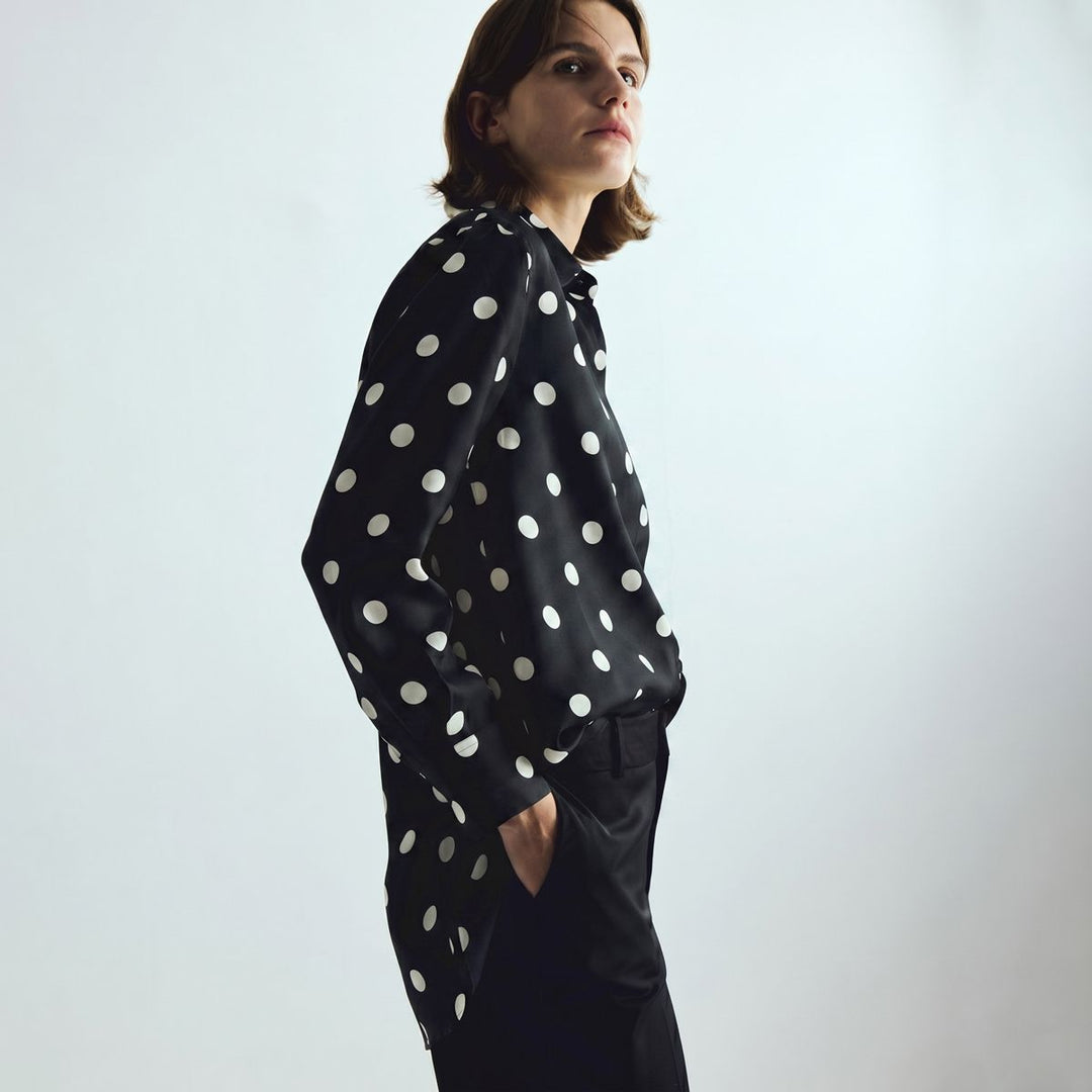 Women’s Polka Dots Printed Long Sleeve Button-Down Mulberry Silk Blouse Shirt