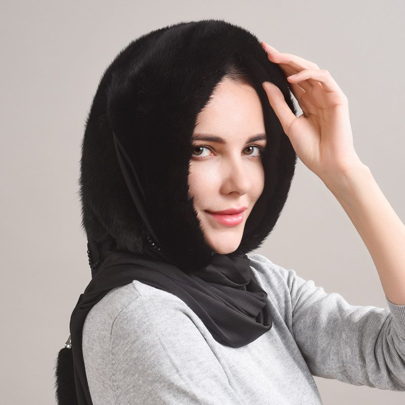 Luxury Real Mink Fur Hooded Hat with Scarf Elegant Winter Fur Hood for Women