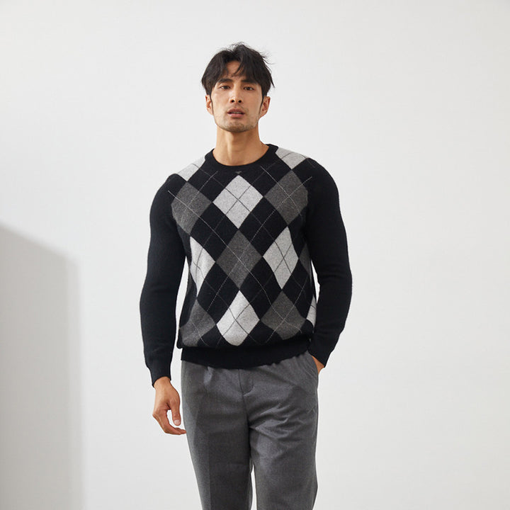 Men's Classic Argyle Knit 100% Cashmere Crewneck Pullover Sweater