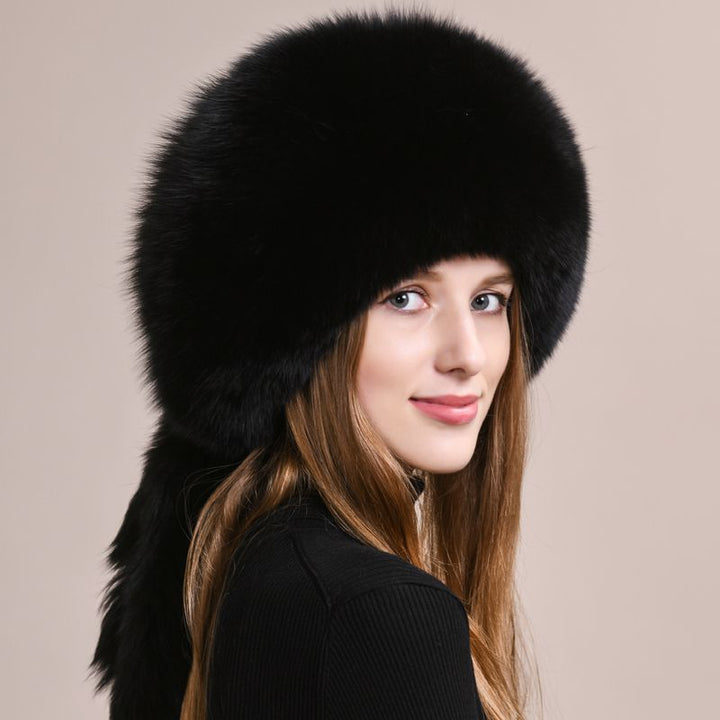 Soft Real Fox Fur Hat with Elegant Tails Women's Winter Fashion Cozy Full-Pelt Fur Beanie for Cold Weather