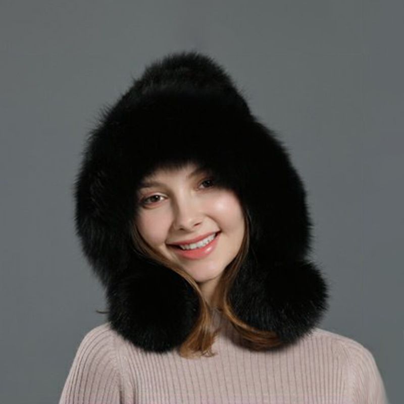 Luxury Real Mink Fur Hat with Fox Fur Trim Women Winter Knit Beanie with Pom-Pom Ear Flaps