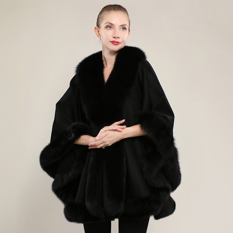 Women’s Oversized Cashmere Poncho Cape with Real Fox Fur Trim