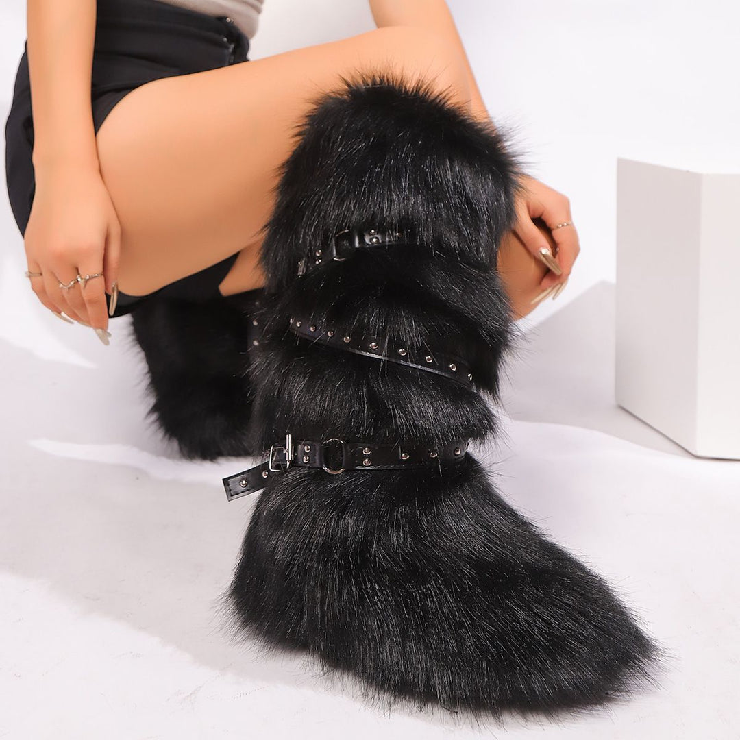 Womens Faux Fur Boot Winter Fluffy Long Furry Boots for Girls Outdoor Fuzzy Knee-High Sexy Snow Boots with Cross Straps and Buckle