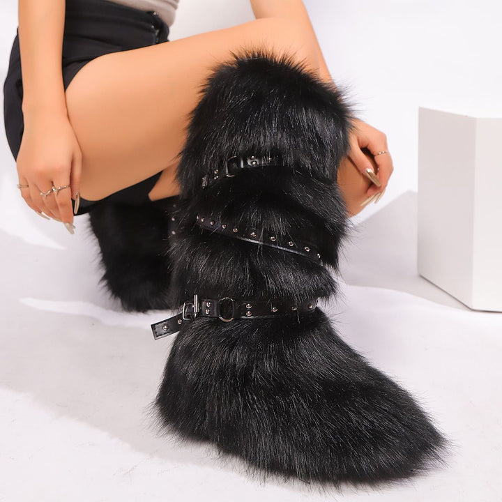 Womens Faux Fur Boot Winter Fluffy Long Furry Boots for Girls Outdoor Fuzzy Knee-High Sexy Snow Boots with Cross Straps and Buckle