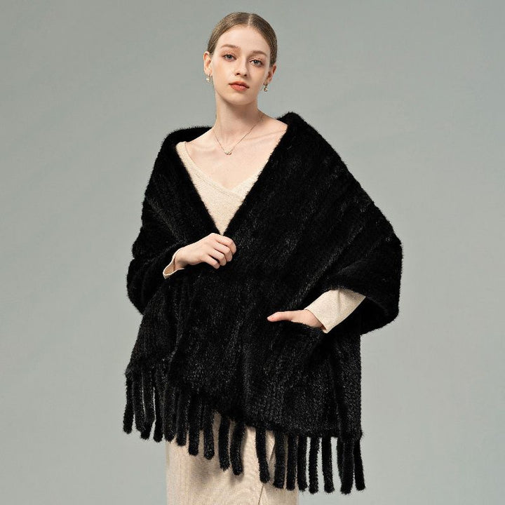 Genuine Mink Fur Shawl Wrap Elegant Fur Stole Cape Scarf with Fringe