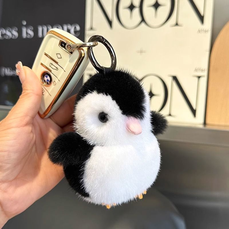 Luxury Real Mink Fur Penguin Keychain Premium Fluffy Animal Bag Charm Car Key Ring Accessory