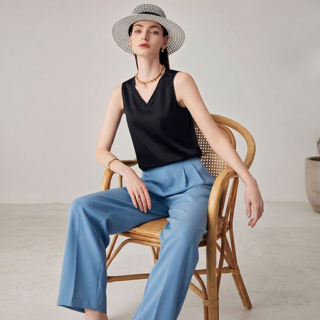 22 Momme V-Neck Sleeveless Silk Tank Top for Women