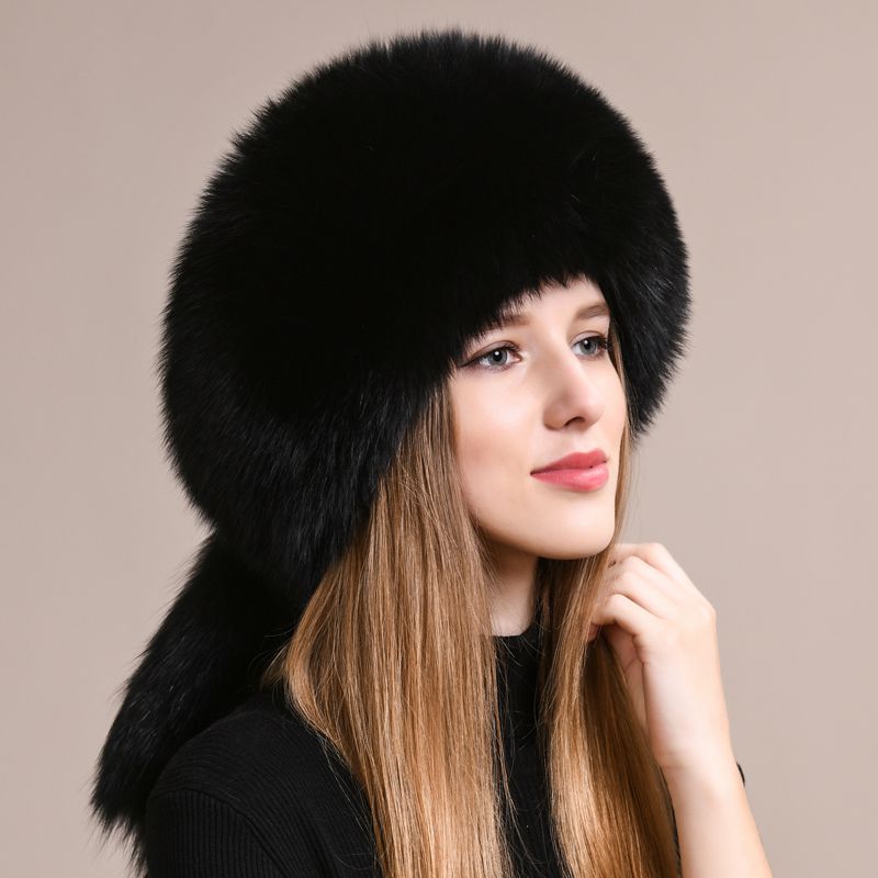 Genuine Fox Fur Hat for Women Luxury Long Tail Full-Pelt Winter Outdoor Hat