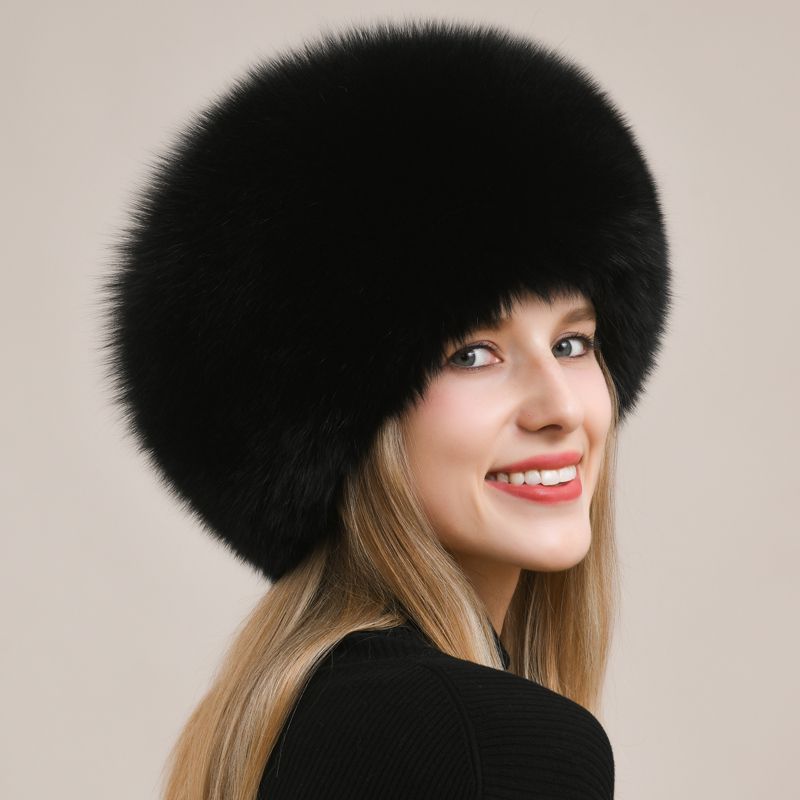 Womens Luxury Fox Fur Russian Hat Thickened Full-Pelt Winter Round Fur Hat