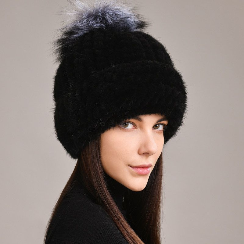 Luxury Real Mink Fur Beanie Hat with Fox Fur Pom-Pom Elegant Winter Knitted Hat for Women