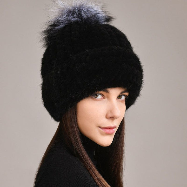 Luxury Real Mink Fur Beanie Hat with Fox Fur Pom-Pom Elegant Winter Knitted Hat for Women