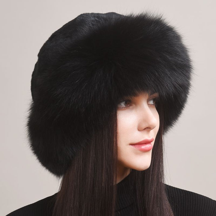 Rabbit Fur Hat with Full Fox Fur Brim Soft Winter Cold Wheather Bucket Hat for Women