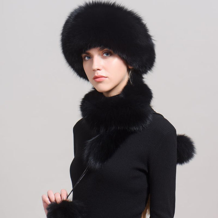 Luxury Winter Fox Fur Trapper Hat Women Pom Pom Fur Ushanka with Tail Scarf