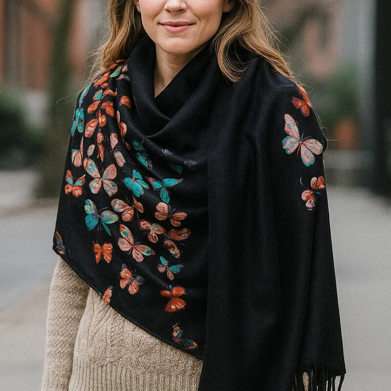 Women's 100% Cashmere Shawl Scarf with Colorful Butterfly Print and Fringes