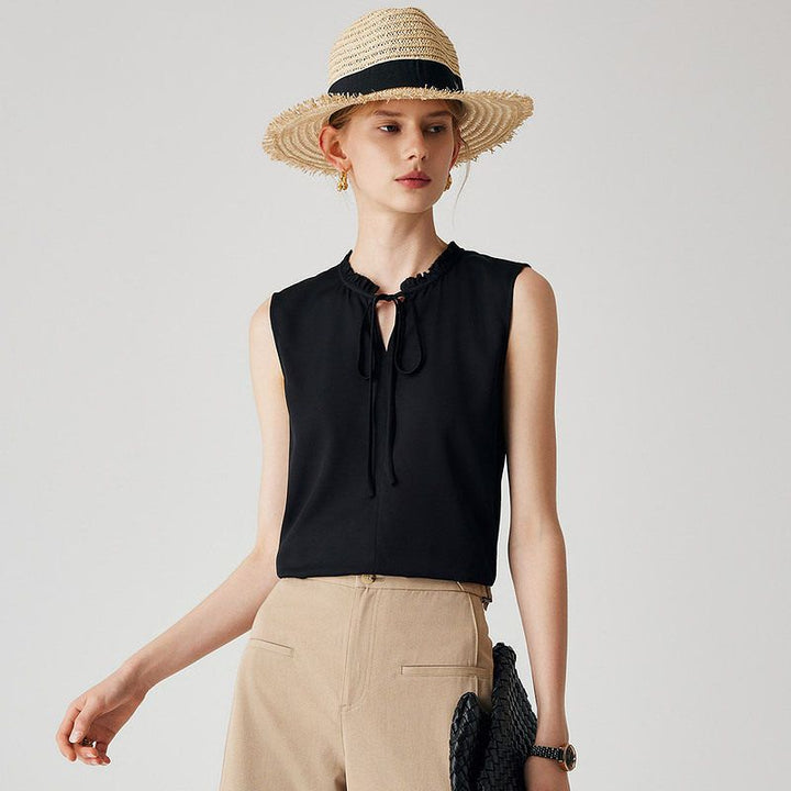 22 Momme Women’s Stand Collar Sleeveless Tie-Neck Silk Shirt