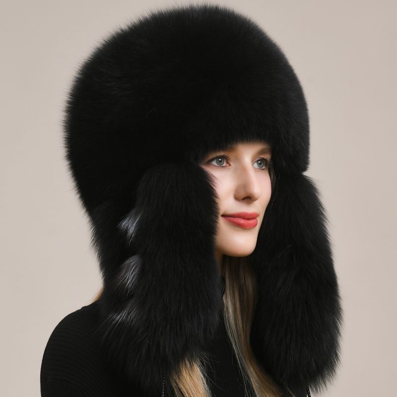 Luxury Oversized Two-Tone Real Fox Fur Pom Pom Hat Women Winter Warm Ushanka