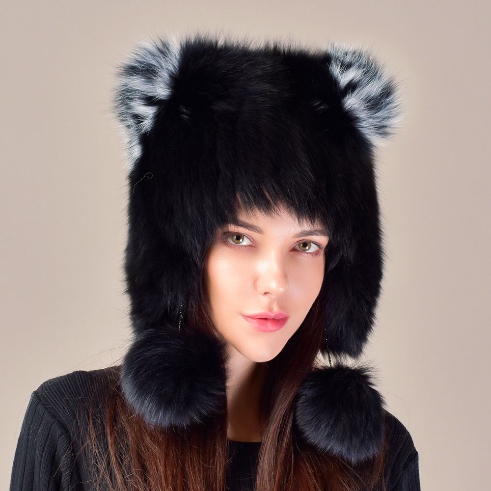 Cute Fox Ear Pom-Pom Fur Trapper Hat Luxury Winter Warm Snow Fur Hat for Cold Weather