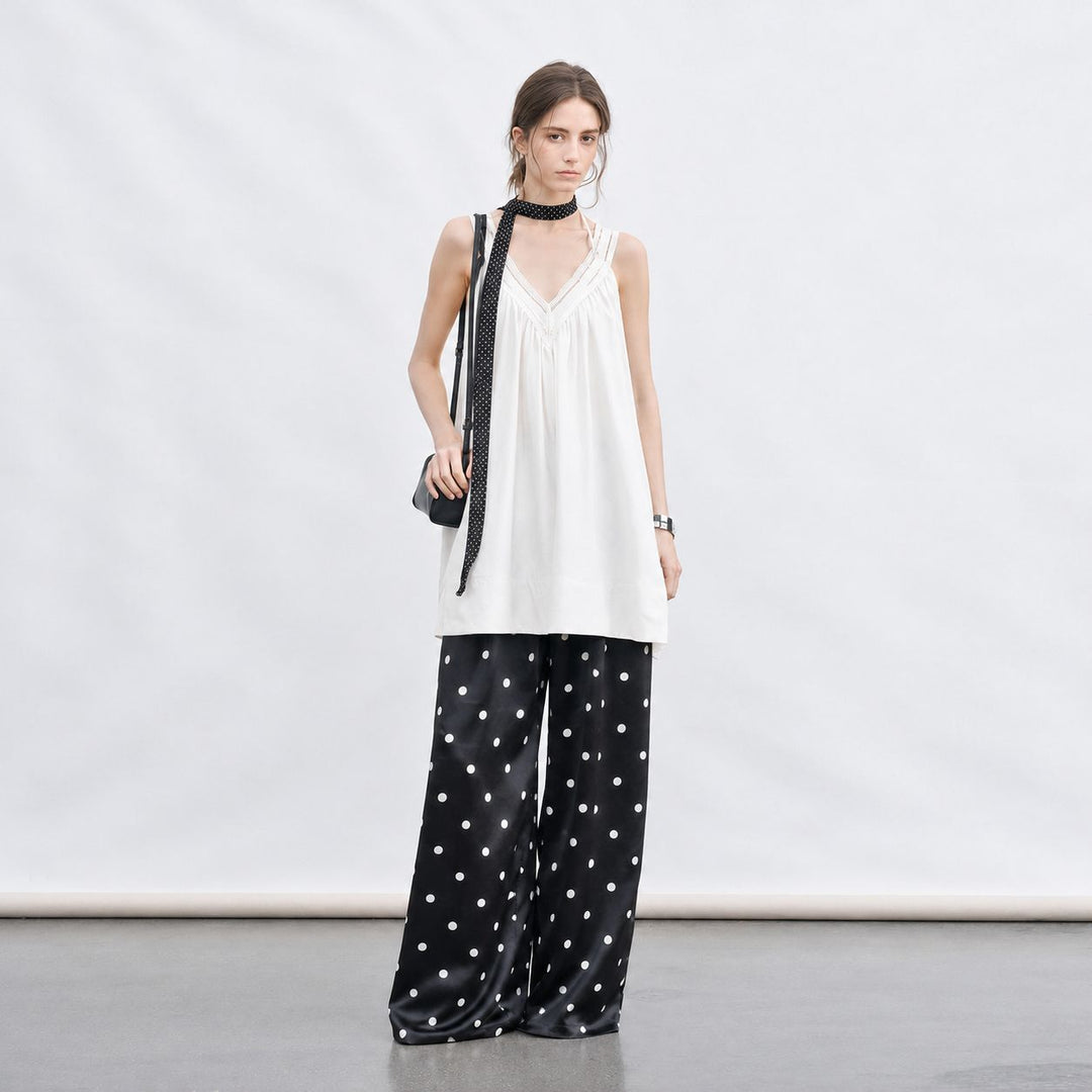 Polka-Dot Print Washable Mulberry Silk Wide-Leg Pants For Women