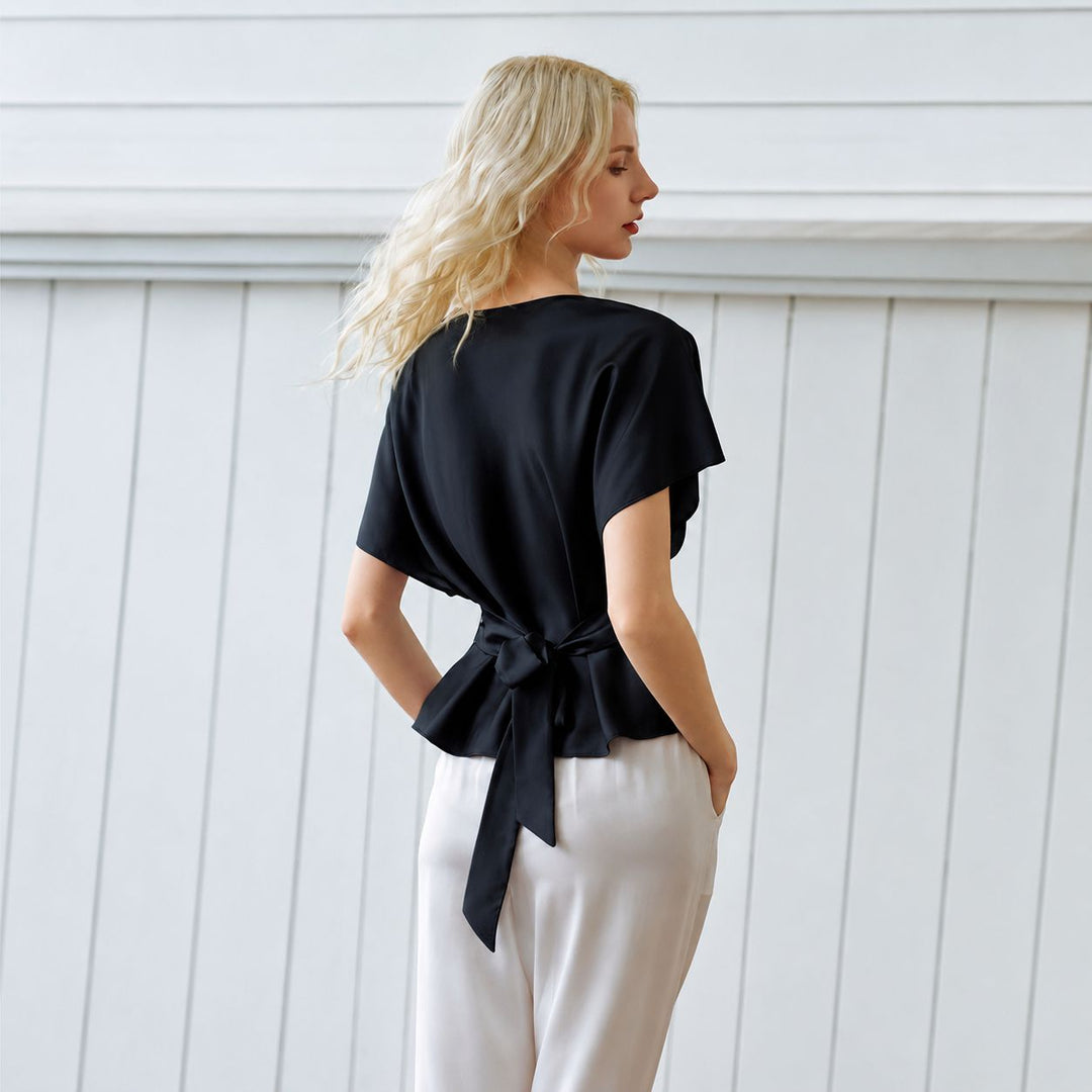 Elegant Self-Tie Batwing Sleeve Mulberry Silk Blouse Top