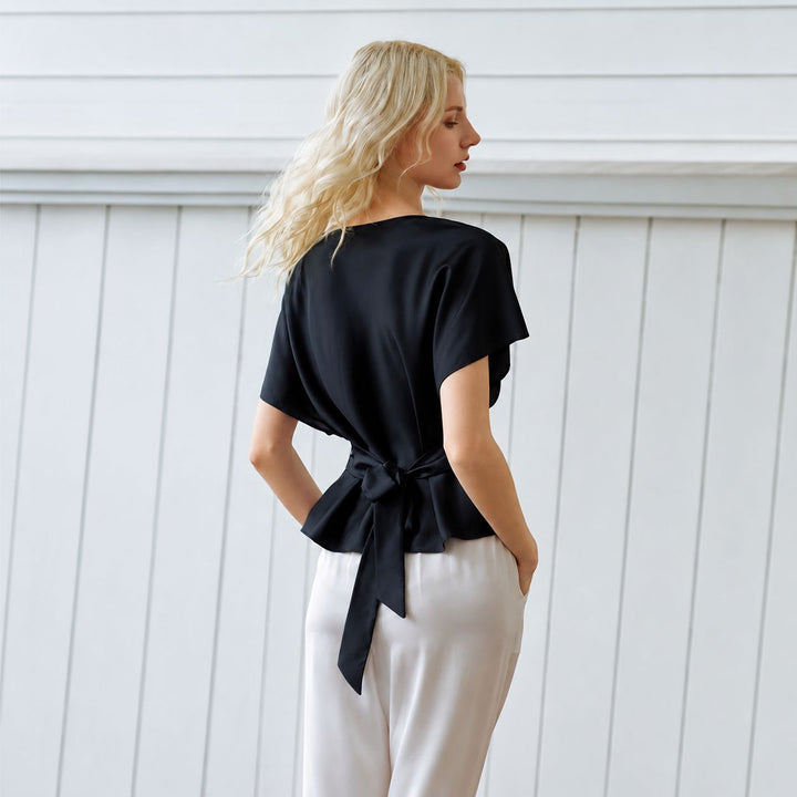 Elegant Self-Tie Batwing Sleeve Mulberry Silk Blouse Top